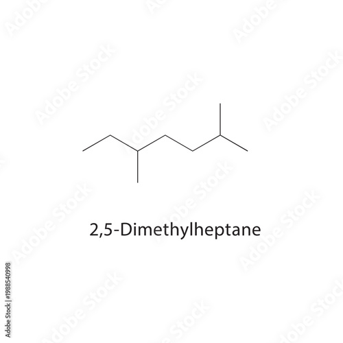 2,5-Dimethylheptane skeletal structure. alkane compound schematic illustration. Simple diagram, chemical formula.