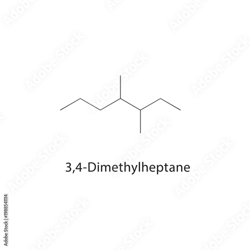 3,4-Dimethylheptane skeletal structure. alkane compound schematic illustration. Simple diagram, chemical formula.