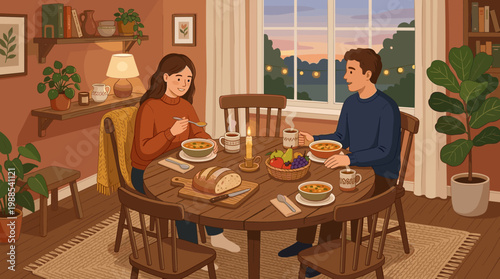 Cozy vector illustration of a young couple enjoying a warm, intimate dinner at home with soup and sunset view. Ideal for lifestyle, health, or food blogs.