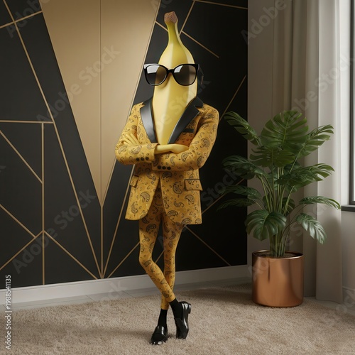 Banana in yellow suit and sunglasses standing confidently