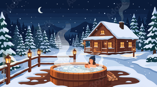A woman unwinds in an outdoor hot tub amidst a snowy winter night scene with a warm log cabin and pine forest. Relaxing, cozy, vector illustration.