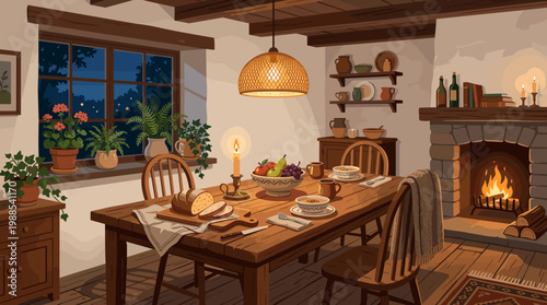 A warm, inviting dining room interior at night with a lit fireplace, a set dinner table, and potted plants by the window. Perfect for cozy home, hygge, or holiday concepts.