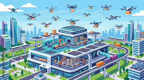 Automated logistics hub in a futuristic smart city with drones delivering packages, robotic arms, and efficient transportation. Perfect for technology and supply chain concepts.