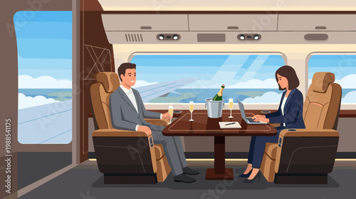 Professional couple in a first-class airplane cabin. Man drinks champagne, woman works on laptop. Modern concept of business travel and luxury.