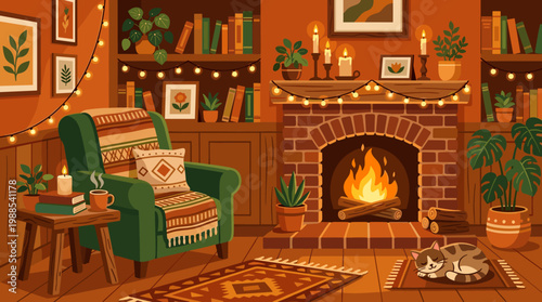 Warm and cozy living room vector illustration with a fireplace, armchair, books, plants, candles, string lights, and a sleeping cat. Perfect for autumn, hygge, or relaxation themes.