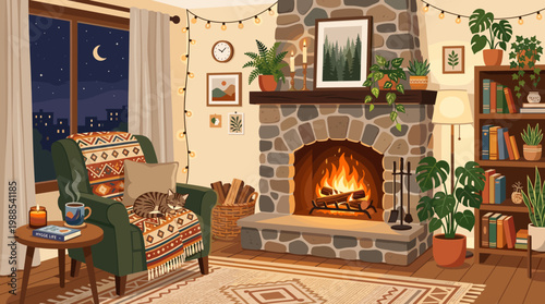 Warm and inviting hygge living room illustration with a fireplace, a sleeping cat on an armchair, plants, and books. Perfect for home decor, lifestyle.