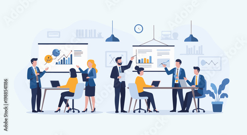 Diverse professionals in business attire collaborate and present data in a modern office setting