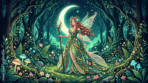 A beautiful forest fairy with glowing wings and a staff stands under a crescent moon in an enchanted, magical woodland, surrounded by mushrooms and glowing flora. Ideal for fantasy themes.
