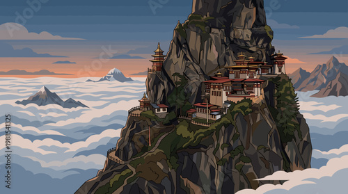 Majestic Paro Taktsang Monastery, a Bhutan vector illustration perched on a dramatic mountain cliff above clouds. Perfect for travel, spiritual journeys, and Asian culture.