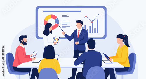 Team collaborates, discussing charts and graphs presented on a large screen