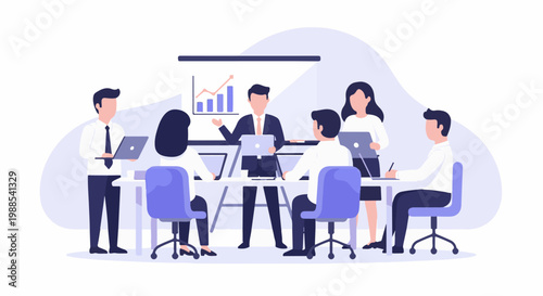 Business professionals in a meeting, presenting a graph on a projector screen