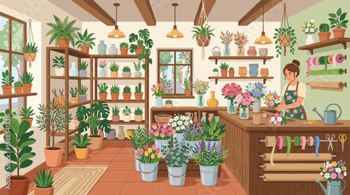 A smiling florist crafts bouquets amidst vibrant plants and flowers in a cozy shop. Ideal for small business, nature, craft, and tranquil lifestyle designs.
