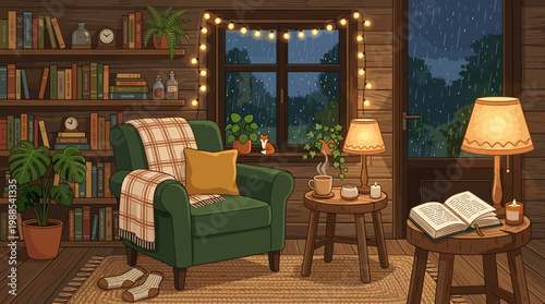 Cozy rustic room with bookshelves, armchair, warm string lights, and rain outside. Ideal for relaxation, autumn, or hygge themes. Vector art style.