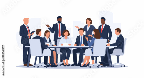 Diverse group of professionals in formal attire gathered around a conference table, discussing business matters