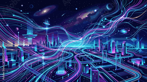 Vibrant futuristic city at night, illuminated by glowing neon data lines creating a complex network. Represents technology, connectivity, innovation, and digital communication.
