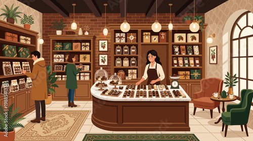 Vector illustration of a charming artisan chocolate shop. Shoppers browse exquisite confections, while a friendly shopkeeper serves. Cozy, warm atmosphere.