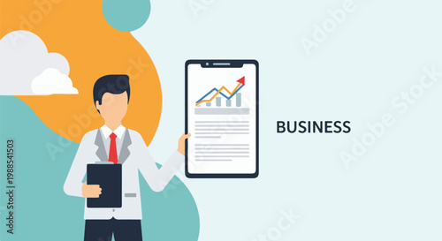 A man in a suit holding a tablet with a business chart