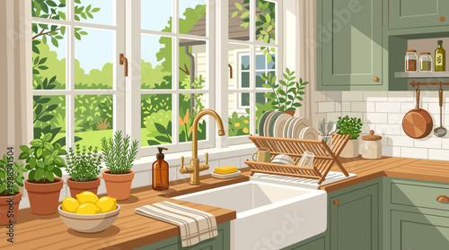 Detailed vector illustration of a cozy farmhouse kitchen featuring a window with garden view, sink, golden faucet, dish rack, potted herbs, and lemons.