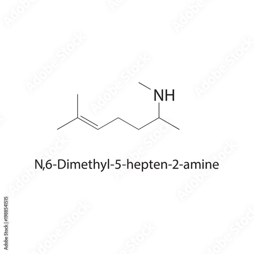 N,6-Dimethyl-5-hepten-2 amine skeletal structure. amine compound schematic illustration. Simple diagram, chemical formula.
