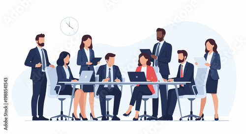 Diverse professionals in formal attire collaborate in a modern office setting around a table
