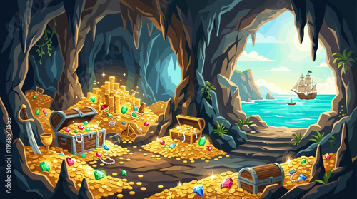 Rich pirate treasure cave illustration with gold, jewels, and chests. View of a tropical sea and a pirate ship outside. Great for fantasy adventure.