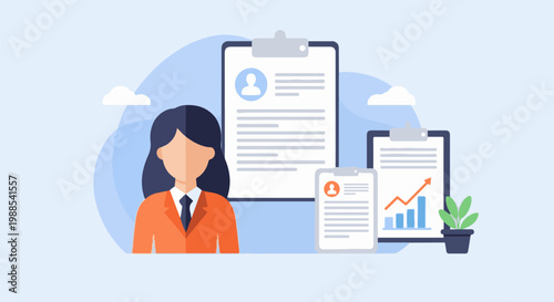 A professional woman in an orange jacket with a tie, surrounded by documents and charts, symbolizing career growth