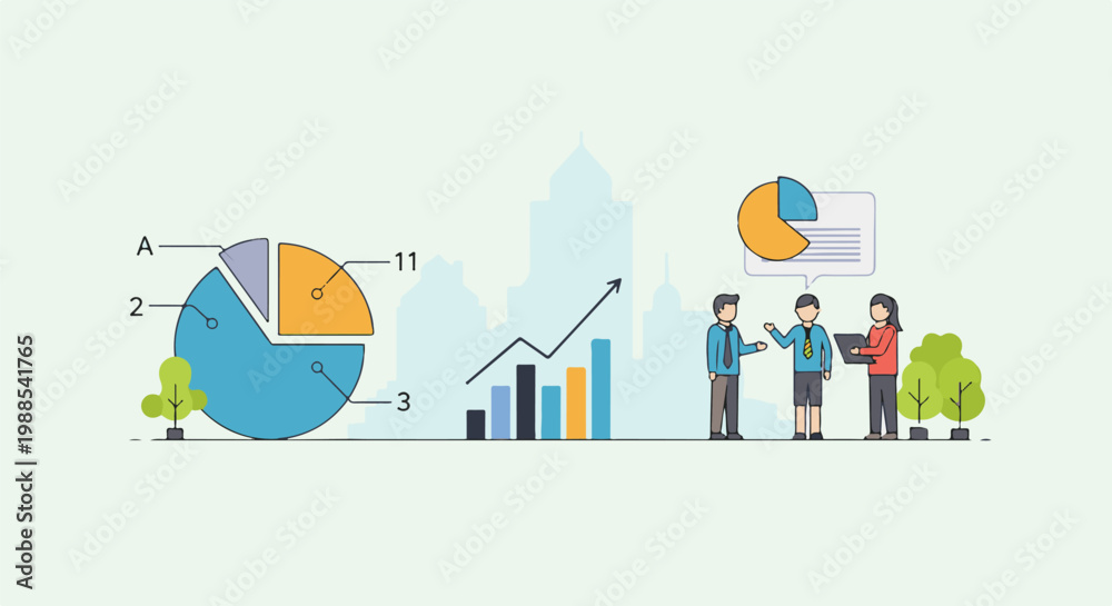 Obraz premium Business meeting showing pie charts, bar graphs, and upward trending arrow