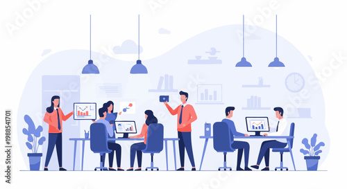 Diverse professionals collaborate and analyze data in a modern office setting