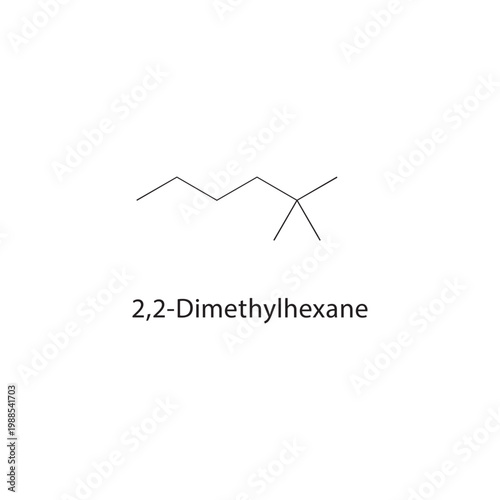 2,2-Dimethylhexane skeletal structure. alkane compound schematic illustration. Simple diagram, chemical formula.