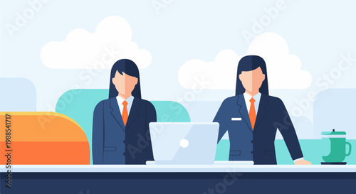 Two businesswomen in suits stand at desks with a laptop and mug, under a cloudy sky