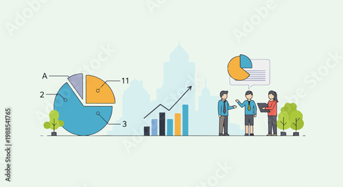Business meeting showing pie charts, bar graphs, and upward trending arrow
