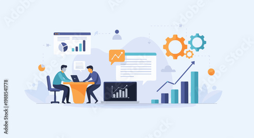 Two people collaborate on data analysis, with charts, graphs, and gears symbolizing business growth and strategy