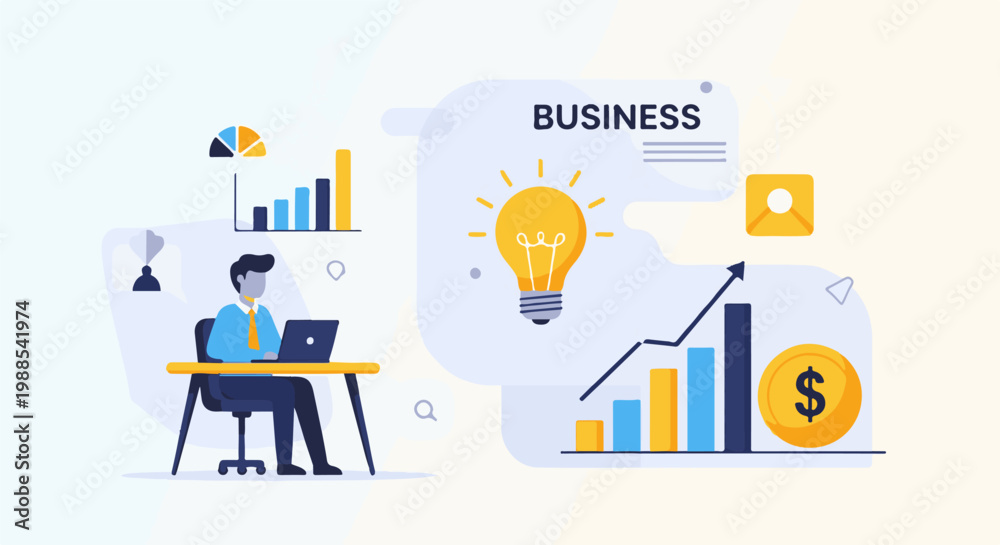 Naklejka premium Flat illustration of a man working on a laptop with charts, a lightbulb, and a coin
