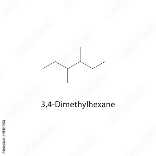 3,4-Dimethylhexane skeletal structure. alkane compound schematic illustration. Simple diagram, chemical formula.