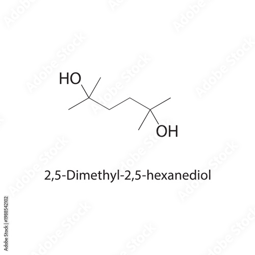 2,5-Dimethyl-2,5-hexanediol skeletal structure. diol compound schematic illustration. Simple diagram, chemical formula.
