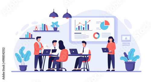 Diverse professionals collaborate on data analysis in a modern office setting