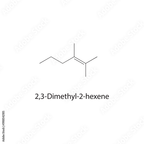 2,3-Dimethyl-2-hexene skeletal structure. alkene compound schematic illustration. Simple diagram, chemical formula.