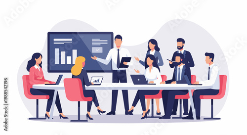 Diverse professionals collaborate at a meeting table, presenting data on a screen and laptops