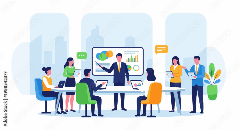 Obraz premium A team of professionals collaborates in a modern office, presenting and discussing data
