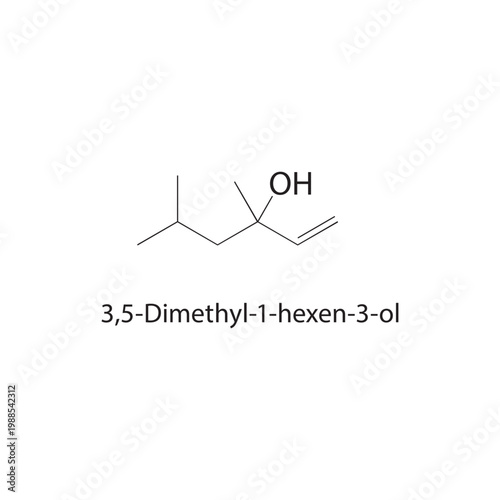 3,5-Dimethyl-1-hexen-3-ol skeletal structure. alcohol compound schematic illustration. Simple diagram, chemical formula.