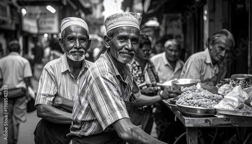 Black and white portrait of elderly men in a bustling market.