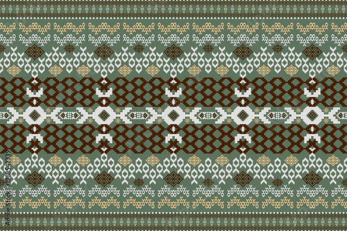 Traditional ethnic seamless pattern featuring horizontal bands of brown, white, and gold geometric motifs on a sage green background. Tribal textile and folk embroidery design.