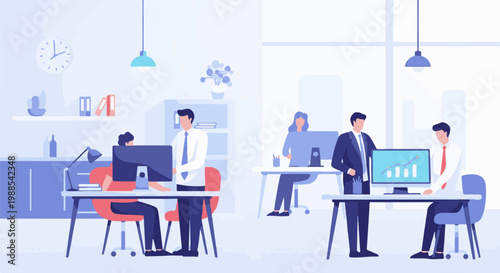 Office scene with diverse people working at desks using computers and looking at charts