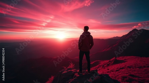man on mountain viewpoint observing breathtaking sunrise landscape