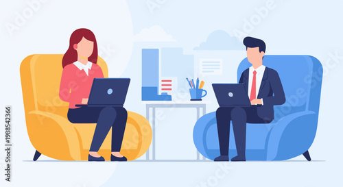 Two people working on laptops in comfortable chairs, with a desk and office supplies