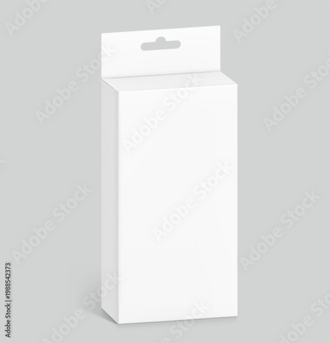 Hanging packaging box mockup. Half side view. Vector illustration isolated on grey background. Can be use of cosmetics, electronic and mobile accessories. Ready for your design. EPS10.