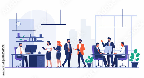 Diverse group of professionals collaborate and work in a modern, bright office environment