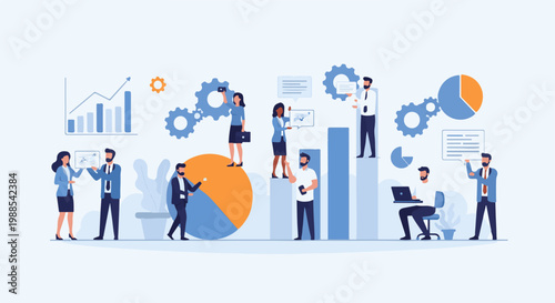 Business professionals collaborate on charts, graphs, and gears, symbolizing teamwork and data analysis