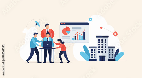 Teamwork and analytics driving business growth with a modern office building backdrop