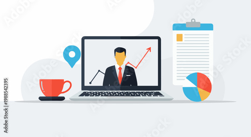 Laptop displays professional, graph, clipboard, coffee, and map pin icons for business